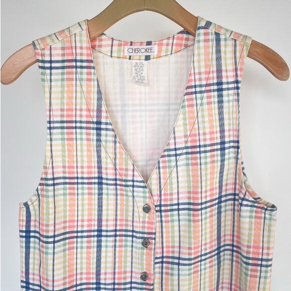 Vintage 90's Pastel Plaid Cotton Vest / Sz M / Button Up Grunge Punk Retro - Picture 3 of 9